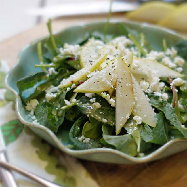 Kale and Pear Salad with Feta with Ariston Extra Virgin Olive Oil & Traditional Balsamic